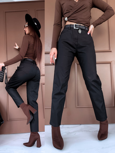 "AREA C9279-1" MOM FIT ādas imitācijas bikses - MELNAS